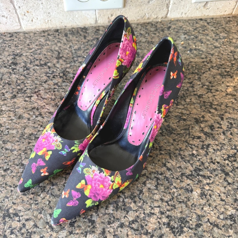 BCBGirls Floral Butterfly Pointed Toe Pumps Black Pink Stiletto Heels Size 5B 35